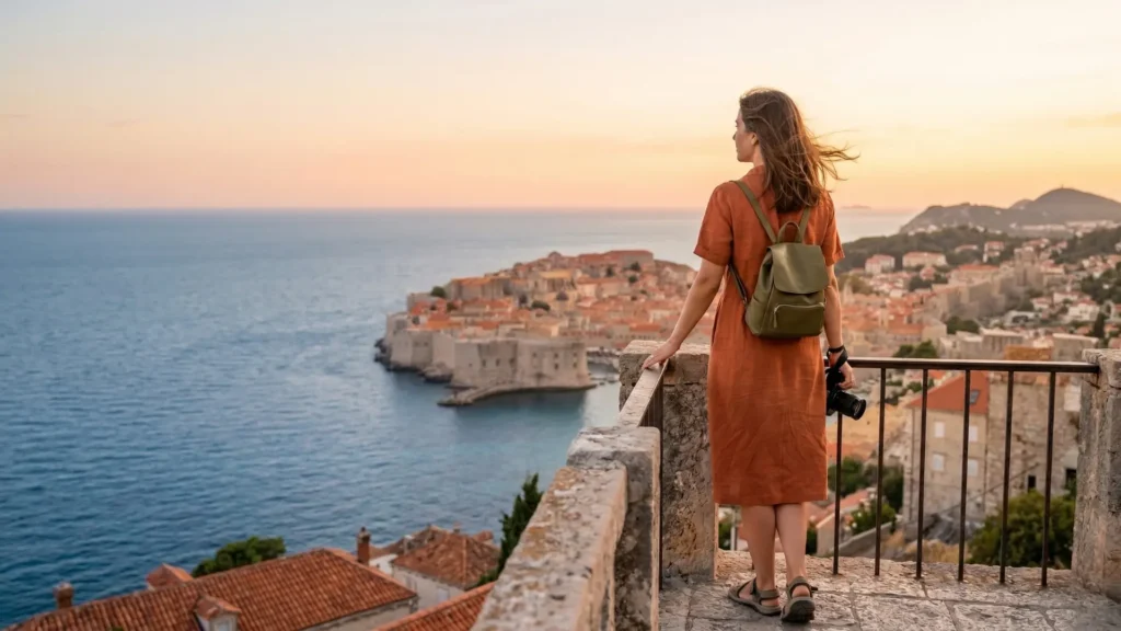 Una mujer sola con un vestido naranja y mochila de cuero verde oliva, de espaldas, mirando la ciudad amurallada de Dubrovnik, Croacia, al atardecer desde un mirador de piedra.